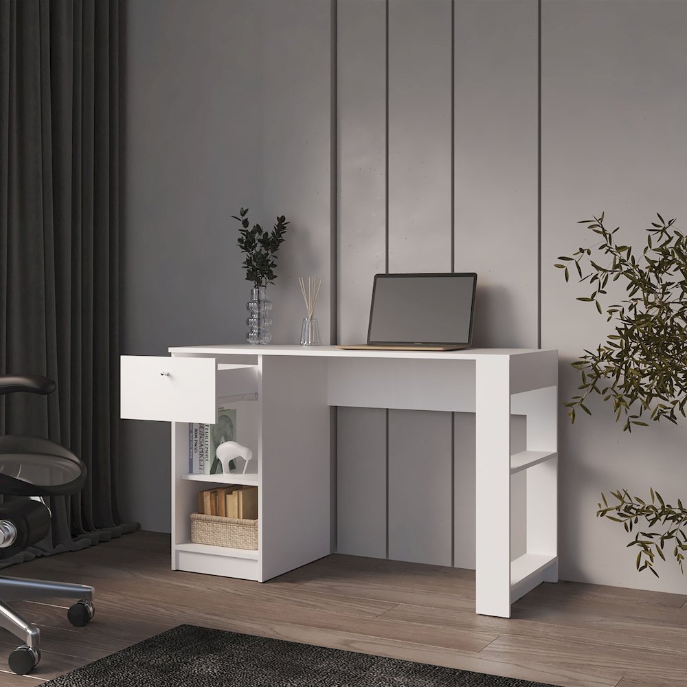 Sun City Computer Desk with a Drawer and Open Storage, White. Picture 5