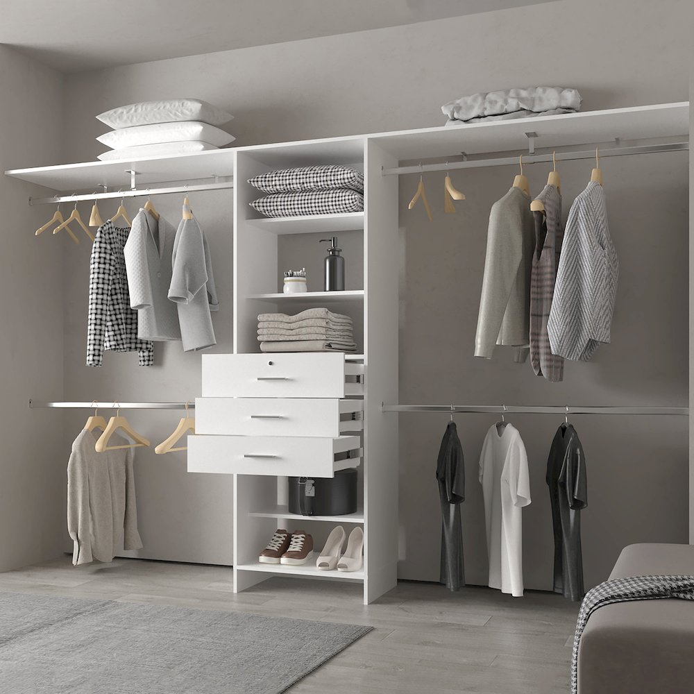 Modular Closet Organizer System with Hanging Rods, Shelves, and Drawers , White. Picture 3