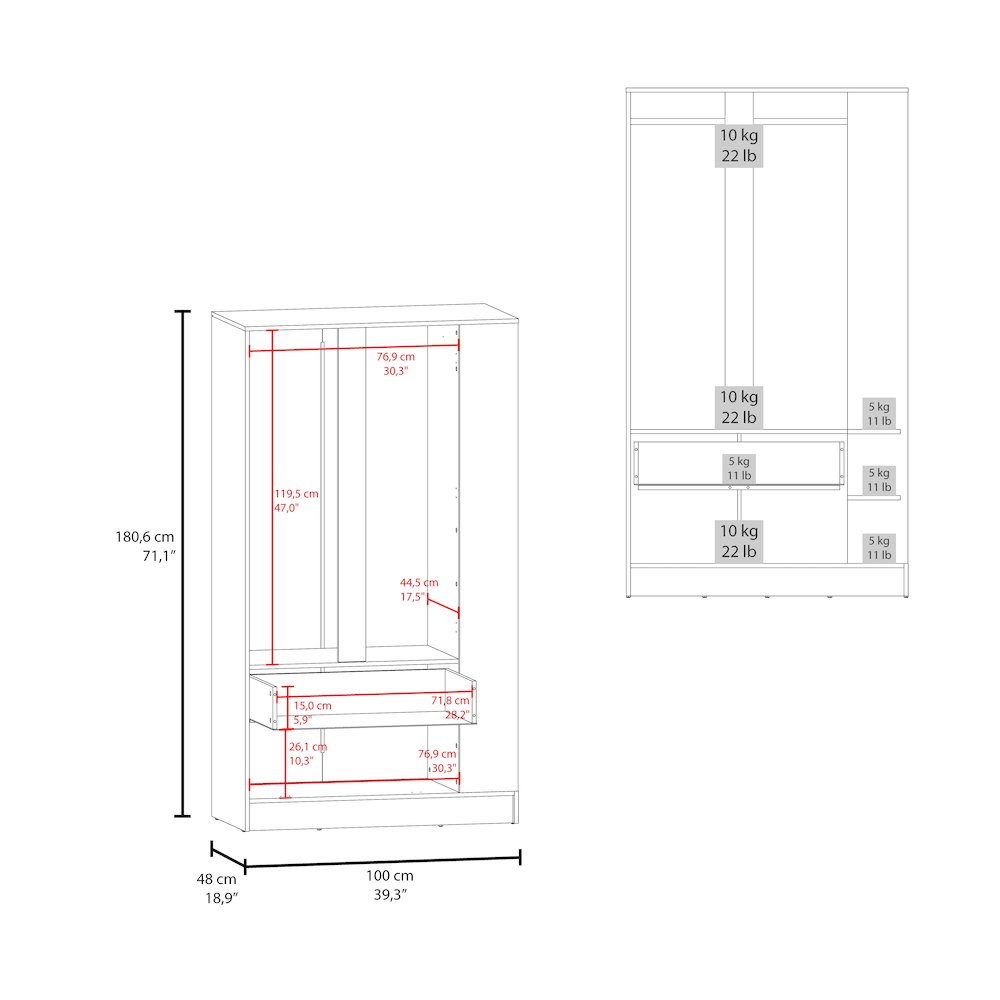 Sehili Wardrobe, 3 Doors, 1 Drawer, Side Shelves, Hanging Rods, Wenge. Picture 5