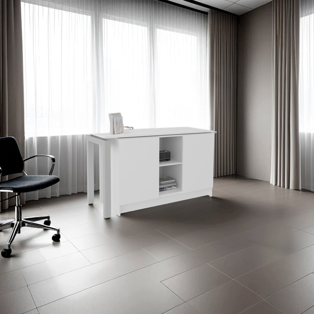Elfrida Desk, Two Open Storage Shelves, Contemporary Space-Saving Design, White. Picture 6
