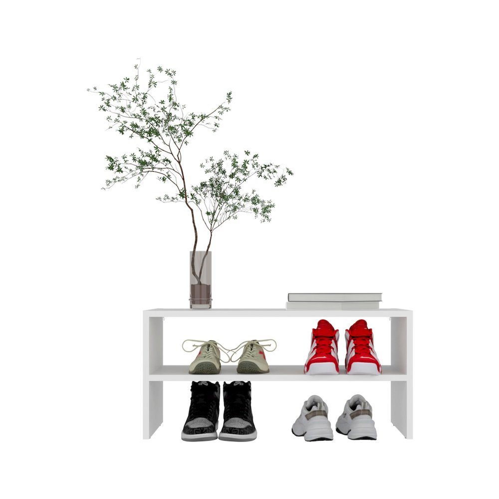 Shoe Rack, 2 Open Shelves, Low Horizontal Design, Freestanding Unit, White. Picture 6