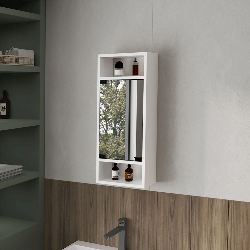 Pine Like Medicine Cabinet with Mirrored Door and Open Storage, White. Picture 4