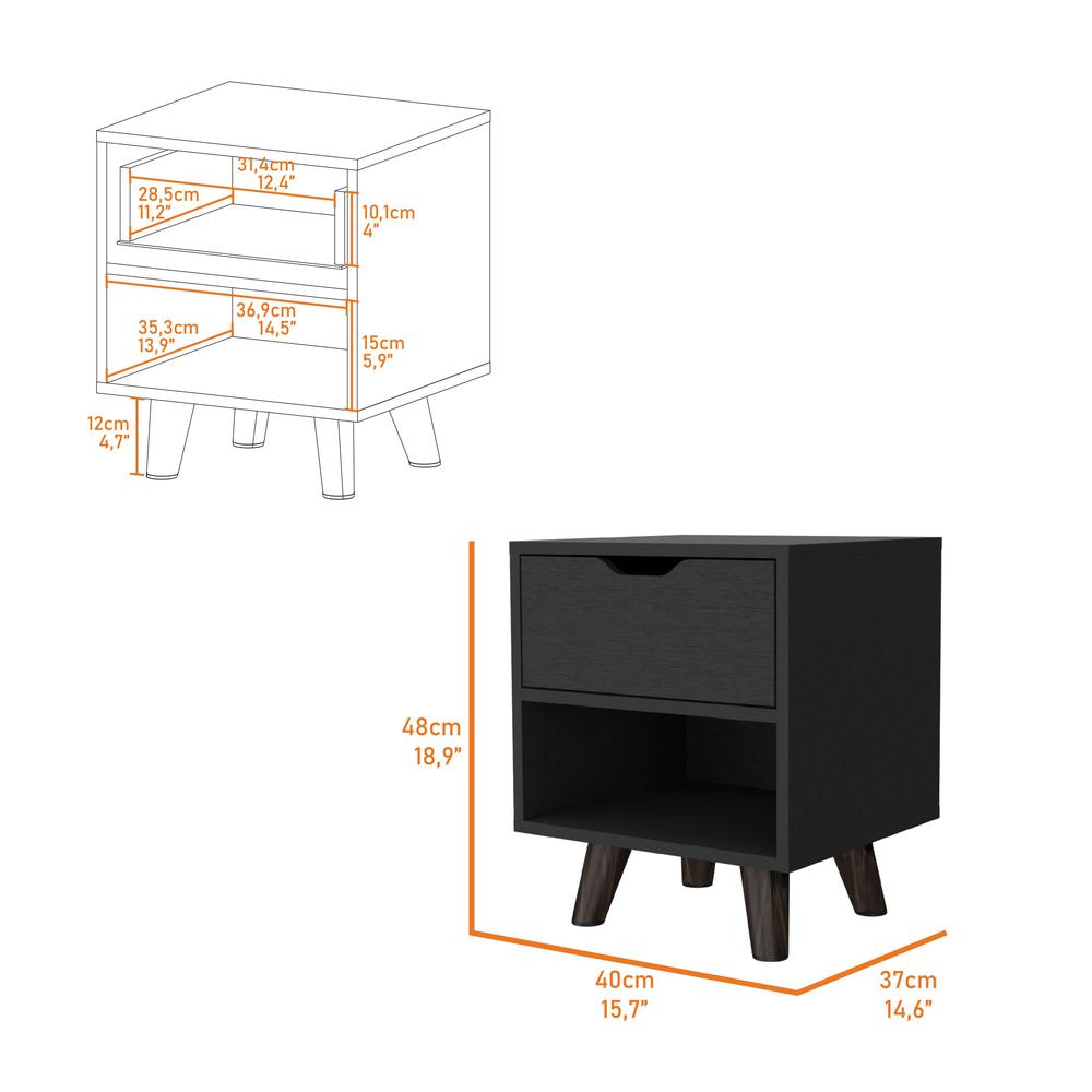Carthage Nightstand with 1-Drawer, 1-Open Storage Shelf and Wooden Legs. Picture 2