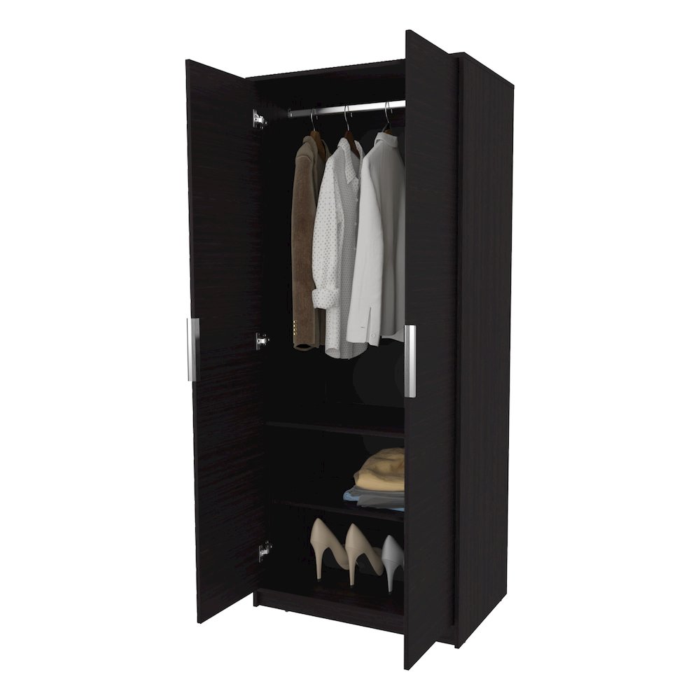 Wardrobe Berlin, Two Doors, Hanging Rod, Two Shelves, Shoe Rack, Bedroom, Wengue. Picture 2