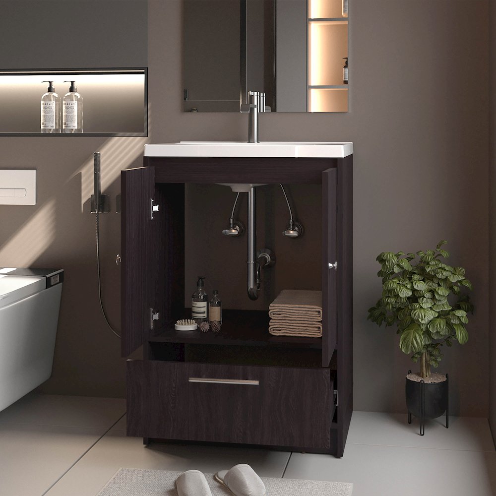 Freestanding Bathroom Vanity with Sink, Two Doors and Bottom Drawer, Wengue. Picture 3