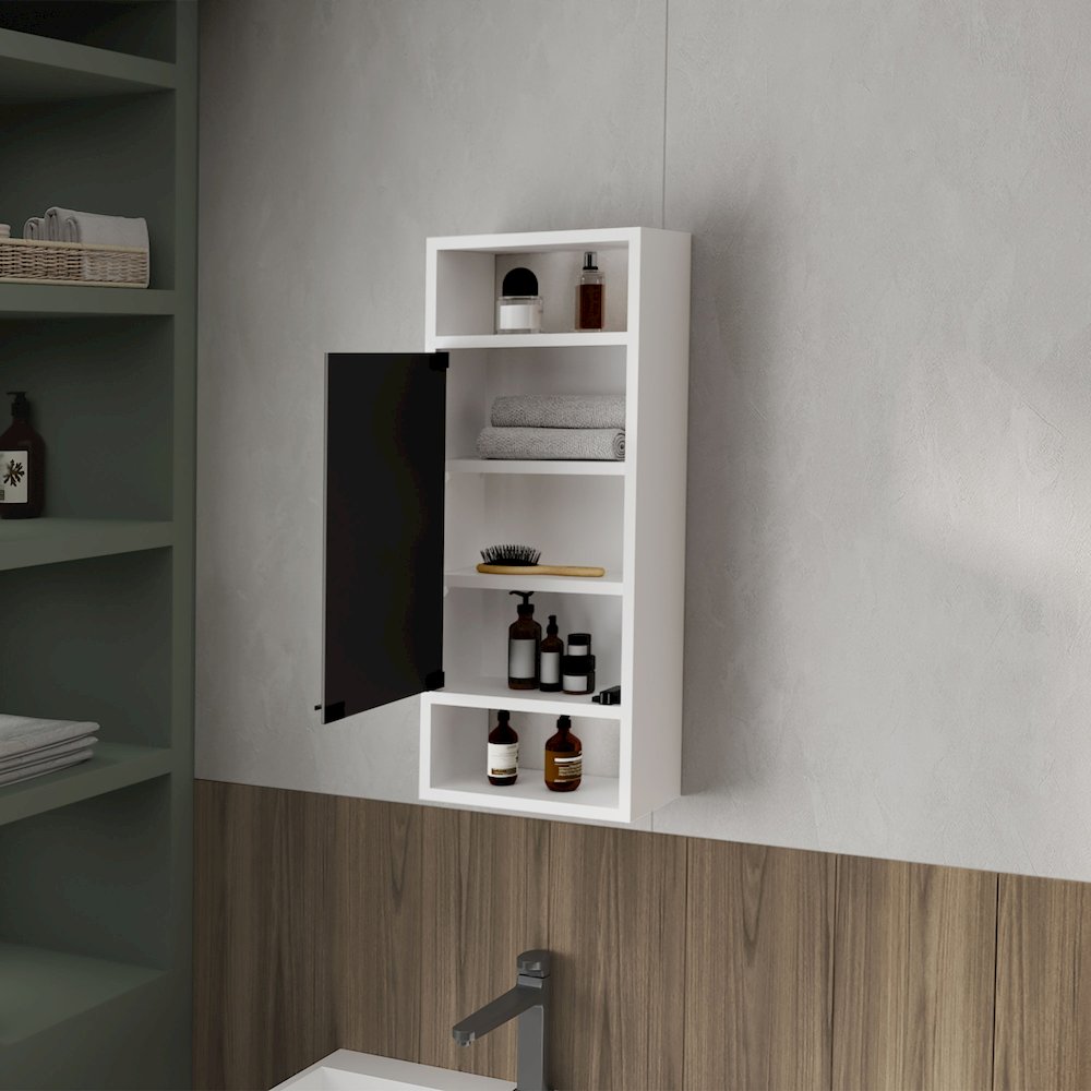 Pine Like Medicine Cabinet with Mirrored Door and Open Storage, White. Picture 3