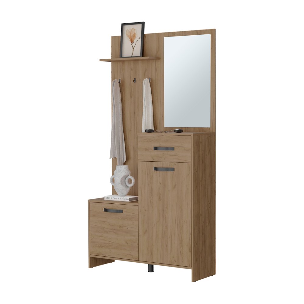Elko Hall Tree Multistorage with a Mirror, Natural Oak. Picture 8