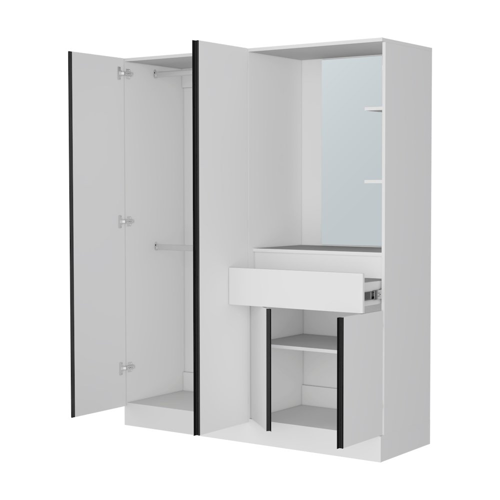 CaneMulti-Functional Wardrobe with Vanity Mirror and Storage, White. Picture 3
