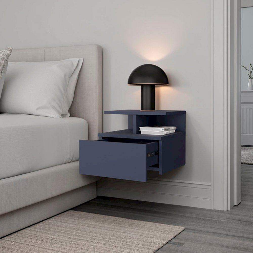 Floating Nightstand, 1 Drawer, Open Shelf, Wall Mounted Design, Kronos Blue. Picture 3