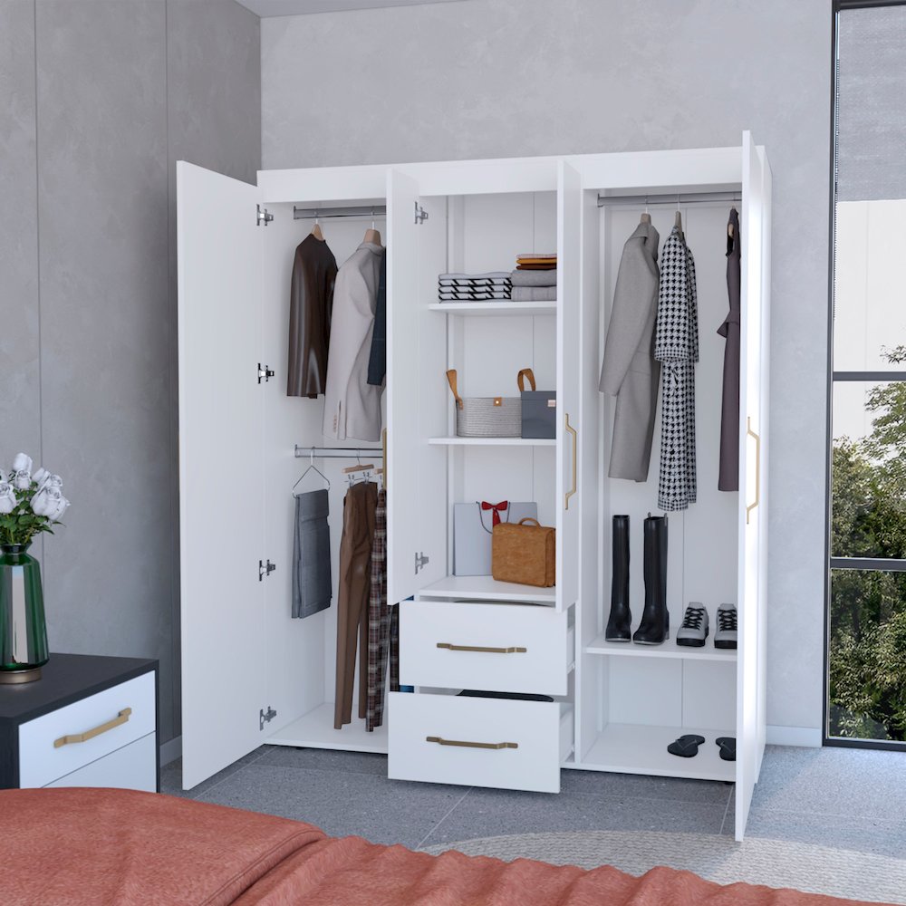 Boyden Wardrobe, All-in-One 2-Door Armoire with Central Storage ,White. Picture 5