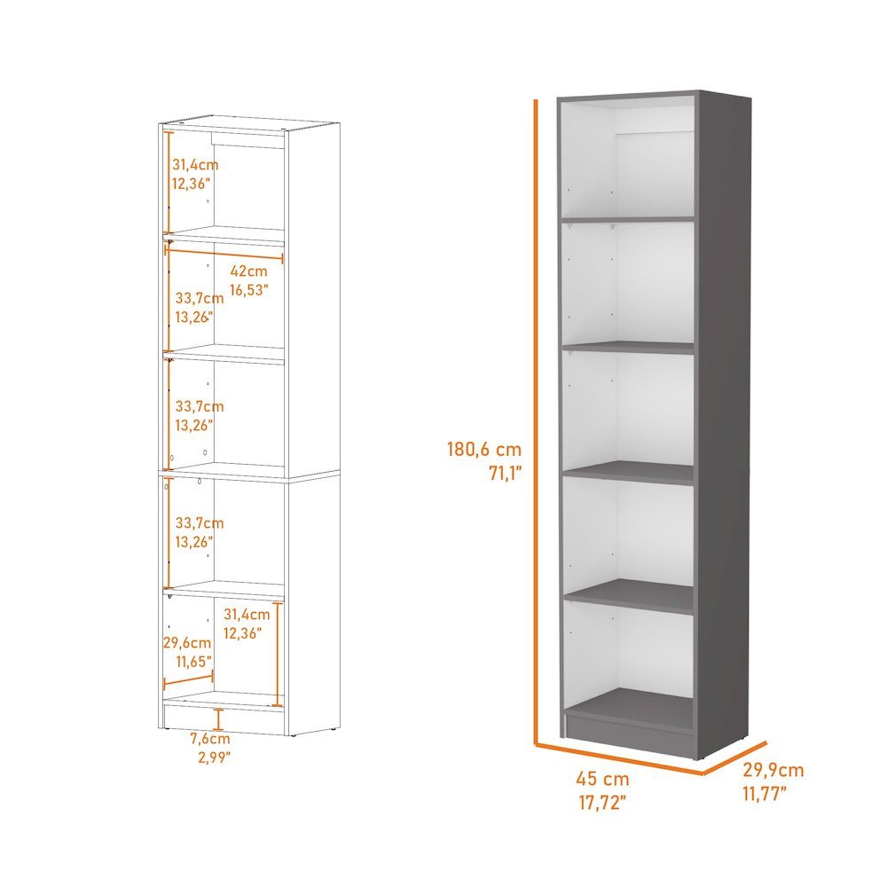 Sutton Slim Bookcase with Modern 5-Shelf Design, Matt Gray / White. Picture 6