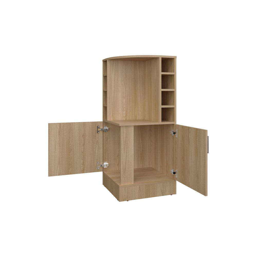Toyei Corner Bar Cabinet with Bottle Rack, Open Shelves, and Hidden Storage. Picture 6