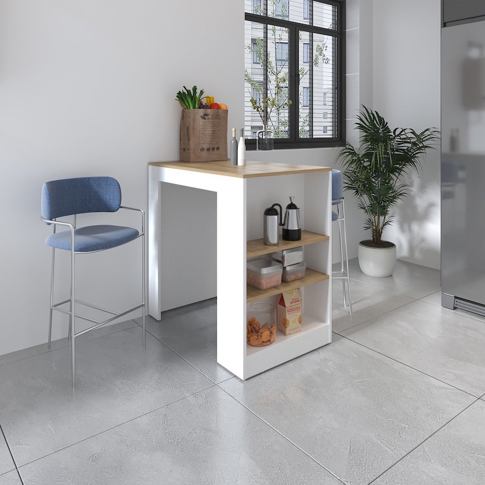 Harlan Kitchen Island, Counter Height Table Top with 3-Side Shelf. Picture 7