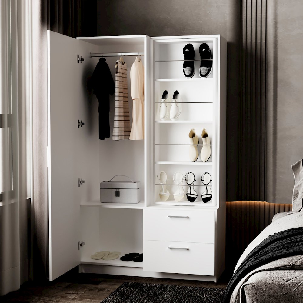 Thatcher Armoire- wardrobe, shoe storage and 2 - drawer, White. Picture 8