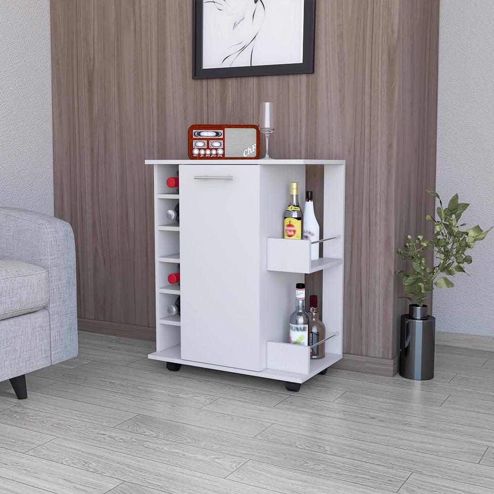 Newport Bar Cart with Casters, 6-Built In Wine Rack and 2 Open Shelves. Picture 4