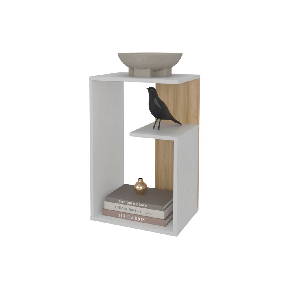 Vega Side Table in Melamine with Open Storage, White and Light Oak. Picture 8