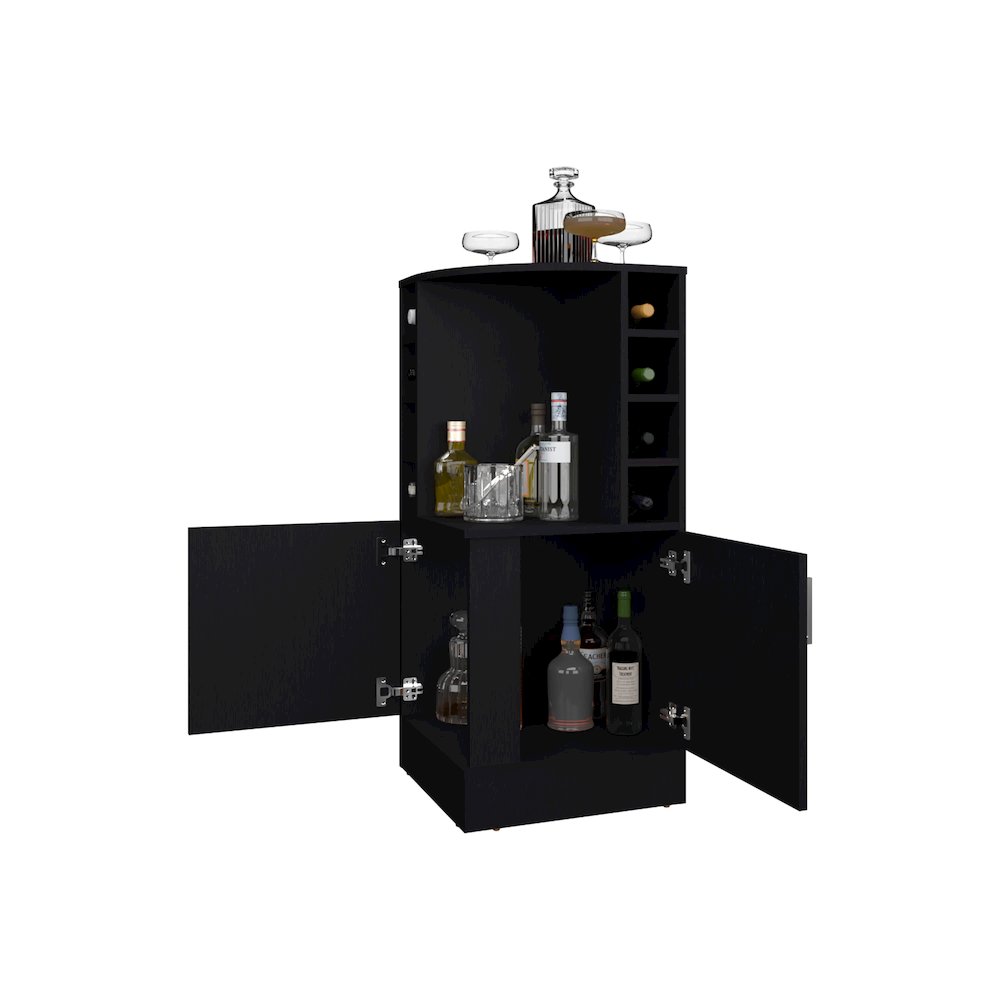 Toyei Corner Bar Cabinet with Bottle Rack, Open Shelves, and Hidden Storage. Picture 5