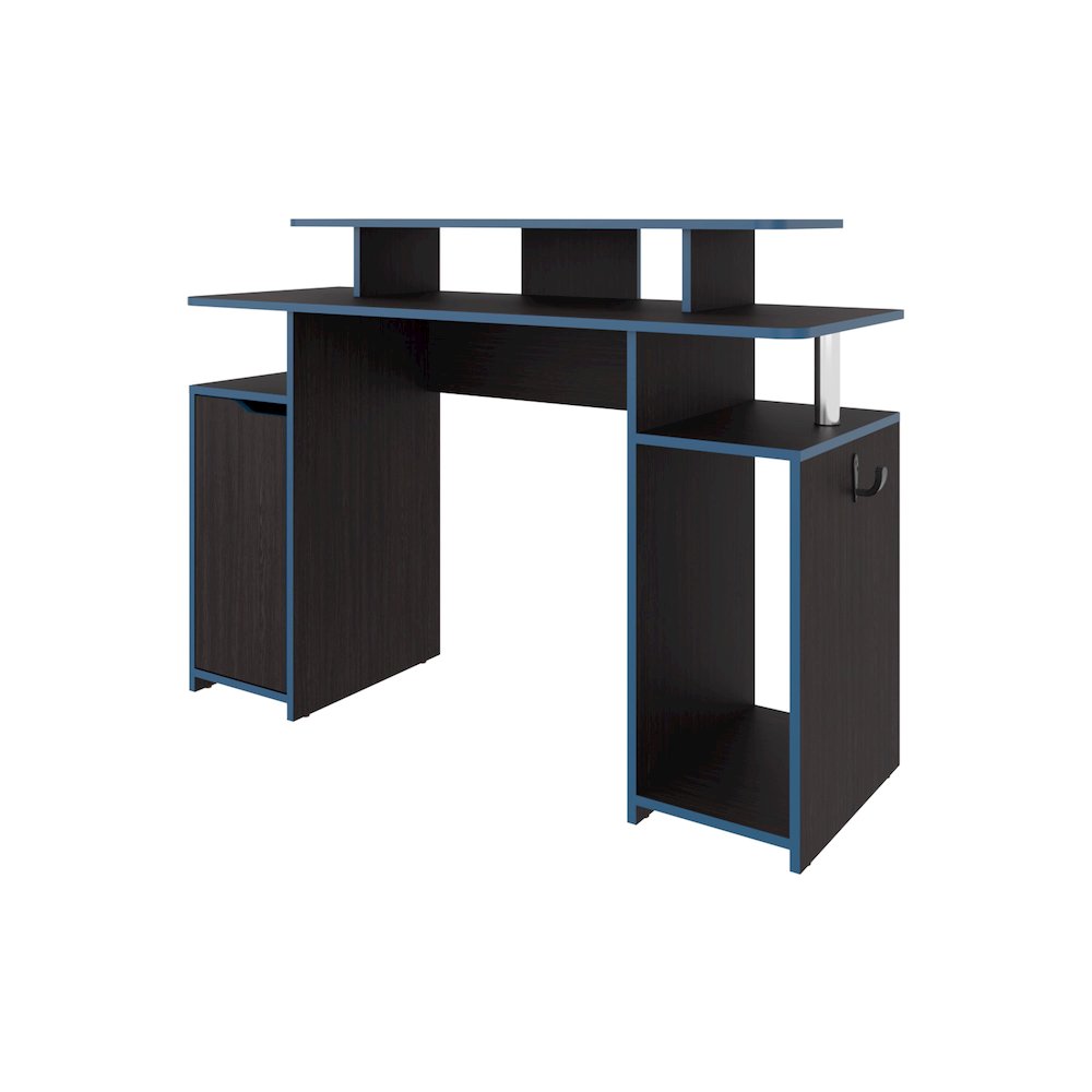 Lol Minimalist Gaming Desk with Elevated Monitor Shelf, Blue Accents. Picture 1
