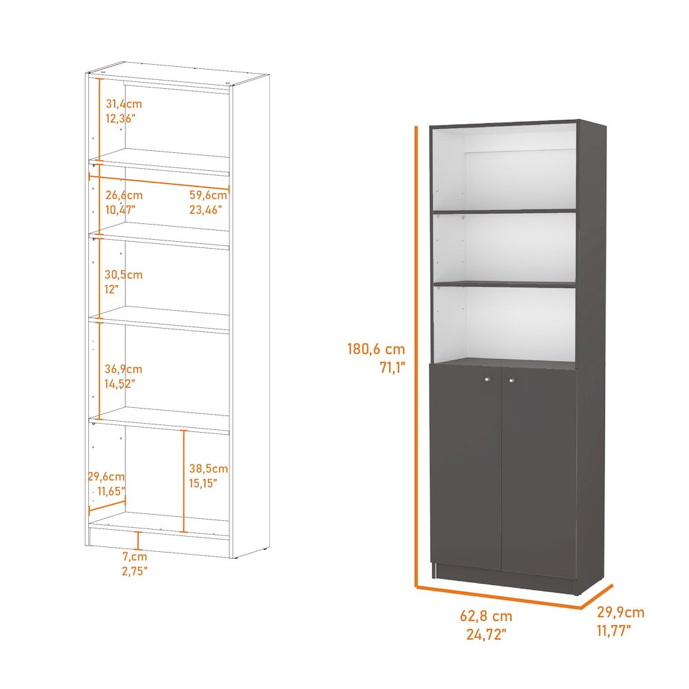 Sutton 2-Door Bookcase, Storage with Multi-Level Shelves, Matt Gray / White. Picture 2