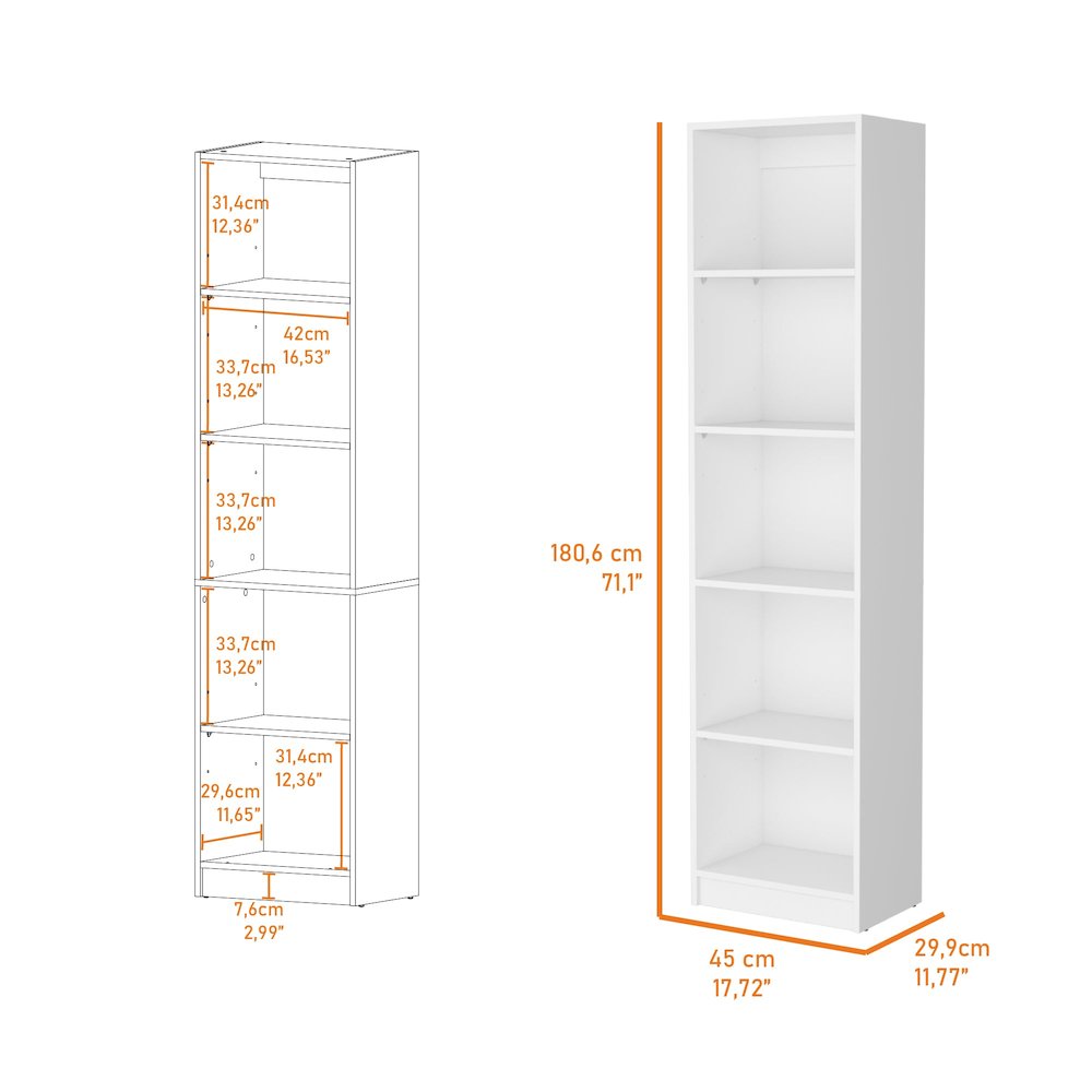 Sutton Slim Bookcase with Modern 5-Shelf Design, White. Picture 6