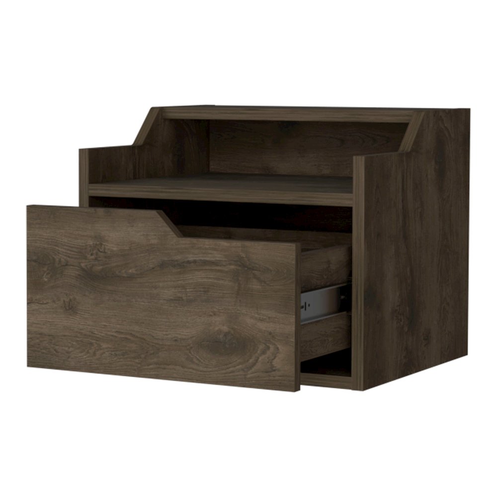 Florence Floating Nightstand with Drawer and Dual-Shelf Display, Dark Brown. Picture 5