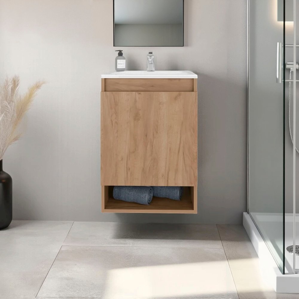 Wall-Mounted Bathroom Vanity with Sink, 2 Doors, Open Shelf, Natural Oak. Picture 7