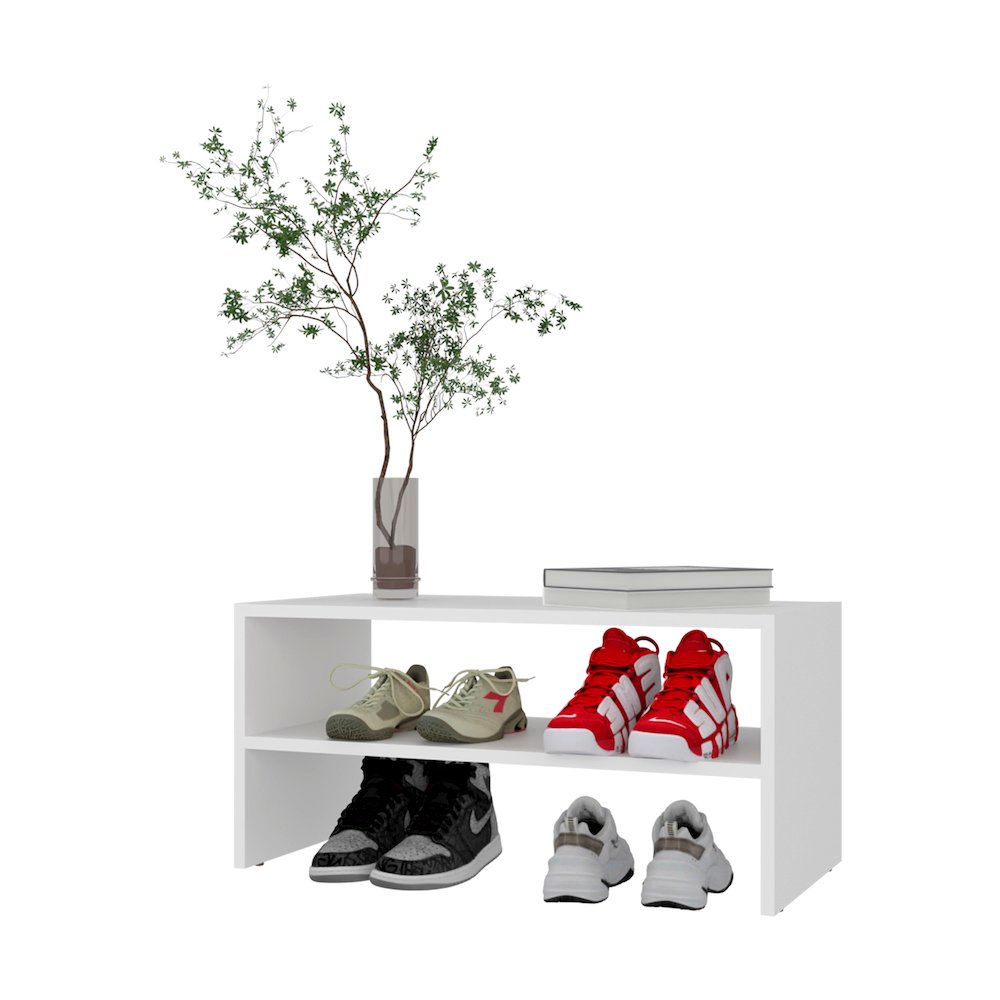 Shoe Rack, 2 Open Shelves, Low Horizontal Design, Freestanding Unit, White. Picture 4