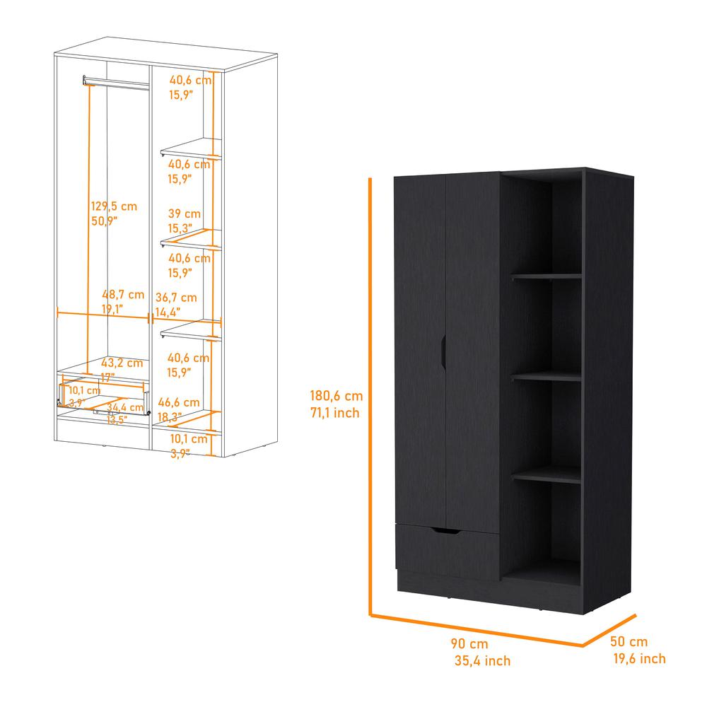 Redmond Armoire with Single Drawer, 4 Storage Shelves and Hanging Rod. Picture 2