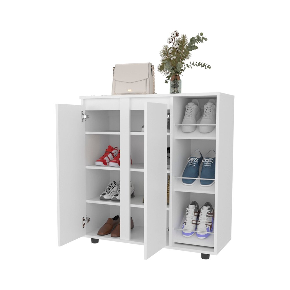 Shoe Storage Cabinet, 2 Doors, 8  Enclosed Shelves, 3 Open Side Shelves, White. Picture 3