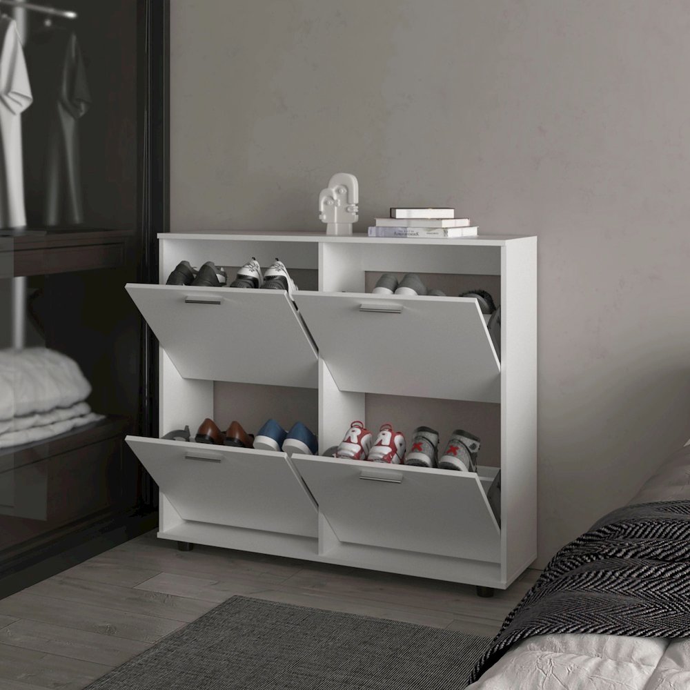Tilt-Out Shoe Storage Cabinet with Multiple Compartments and Modern Desig, White. Picture 3