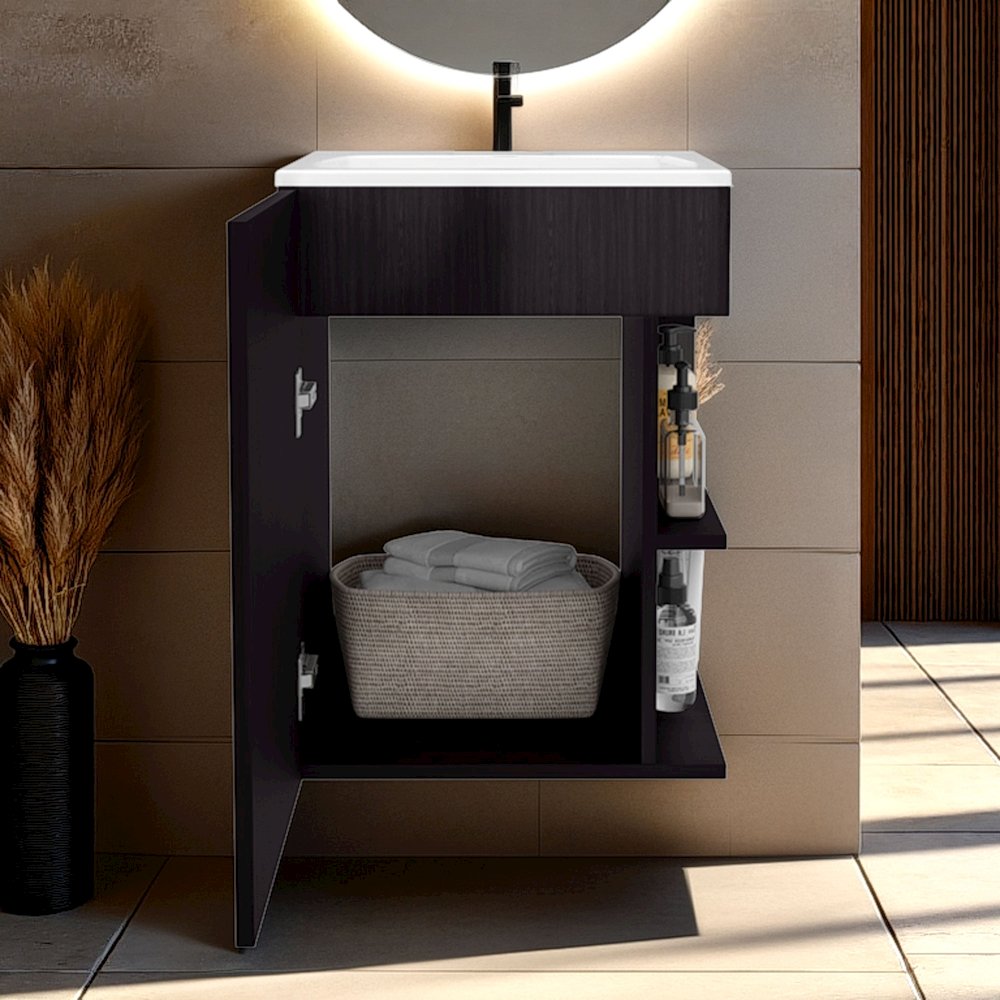 Compact Vanity Cabinet, Single Door, Two Open Side Shelves, Natural Oak. Picture 5