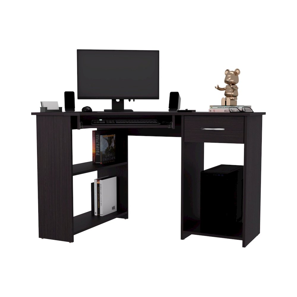 Corner Computer Desk, L-Shaped Home Office Desk with Drawer, Shelves. Picture 4