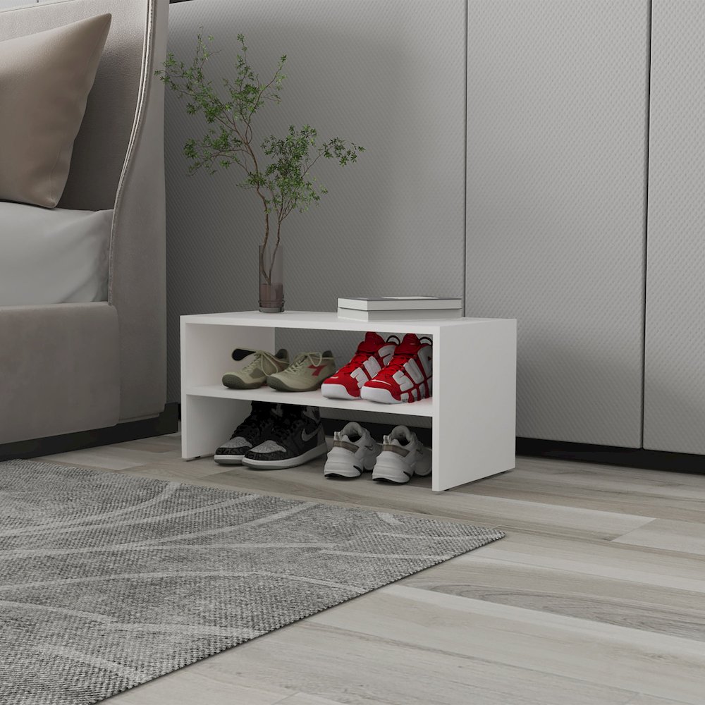 Shoe Rack, 2 Open Shelves, Low Horizontal Design, Freestanding Unit, White. Picture 7