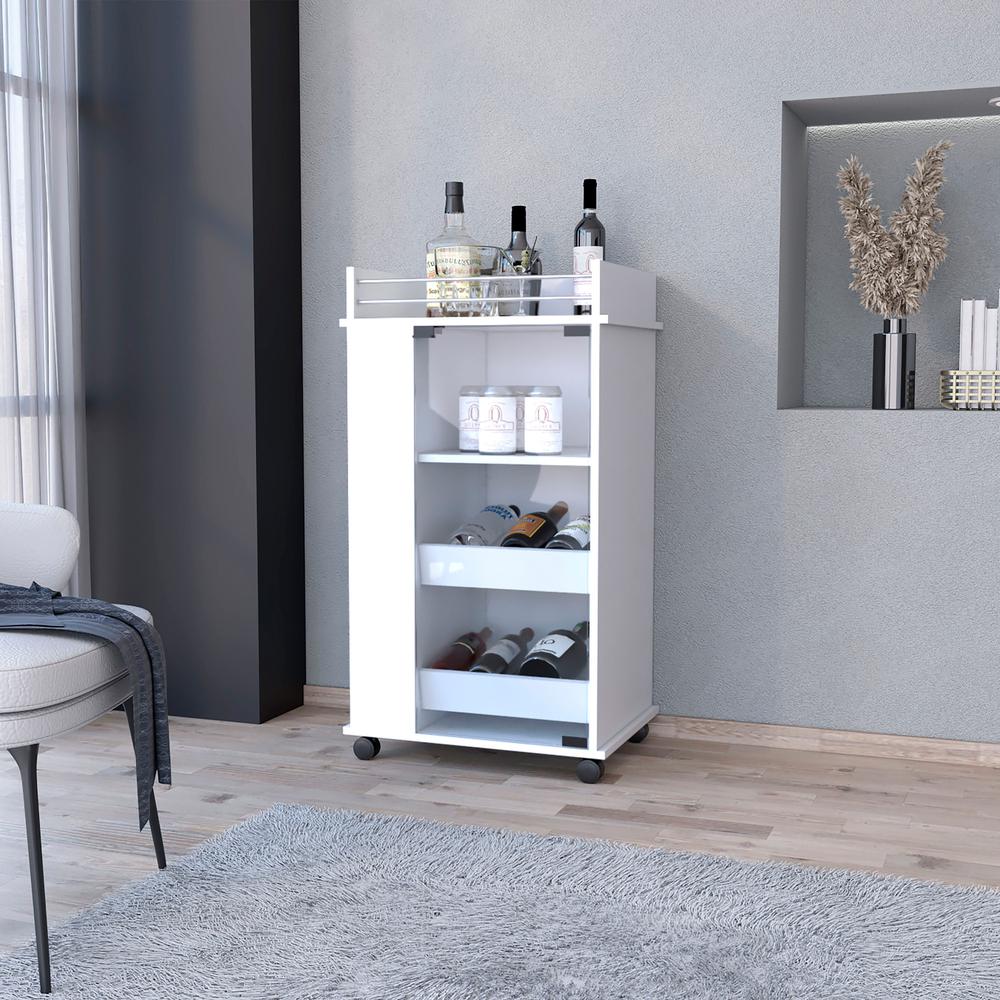 Lusk Bar Cart with 2-Bottle Holder Shelf, Glass Door and Casters. Picture 4