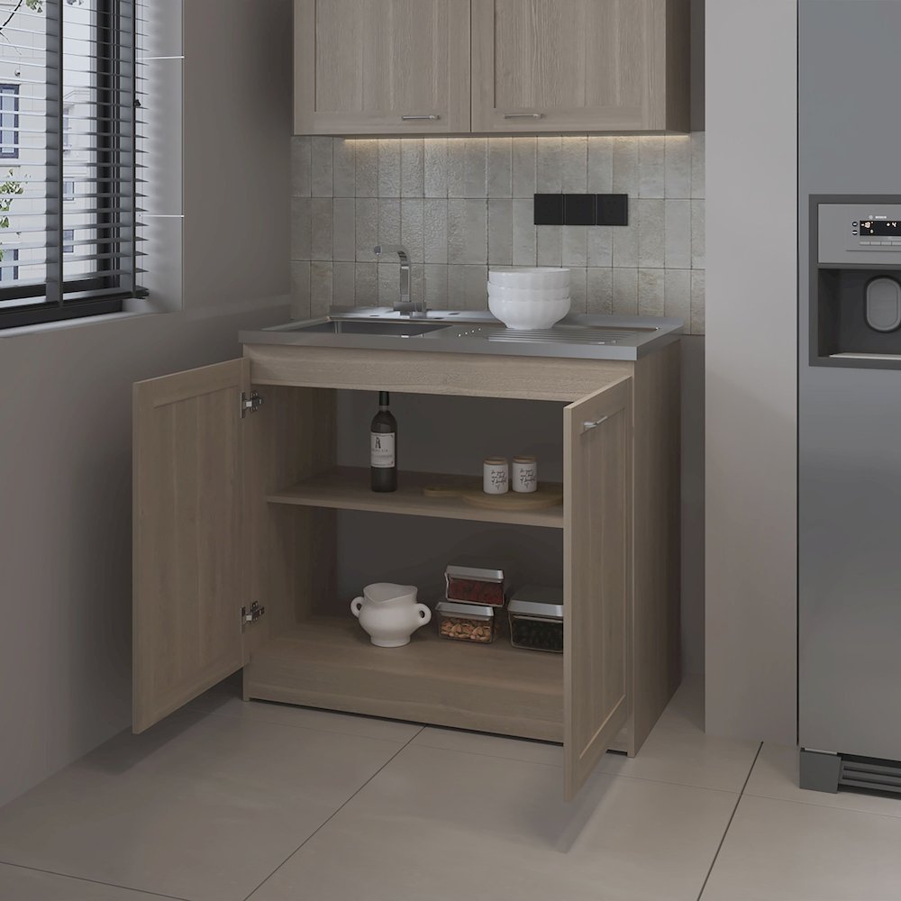 Utility Sink Base Cabinet with Double Doors and Interior Shelf, White Oak. Picture 3