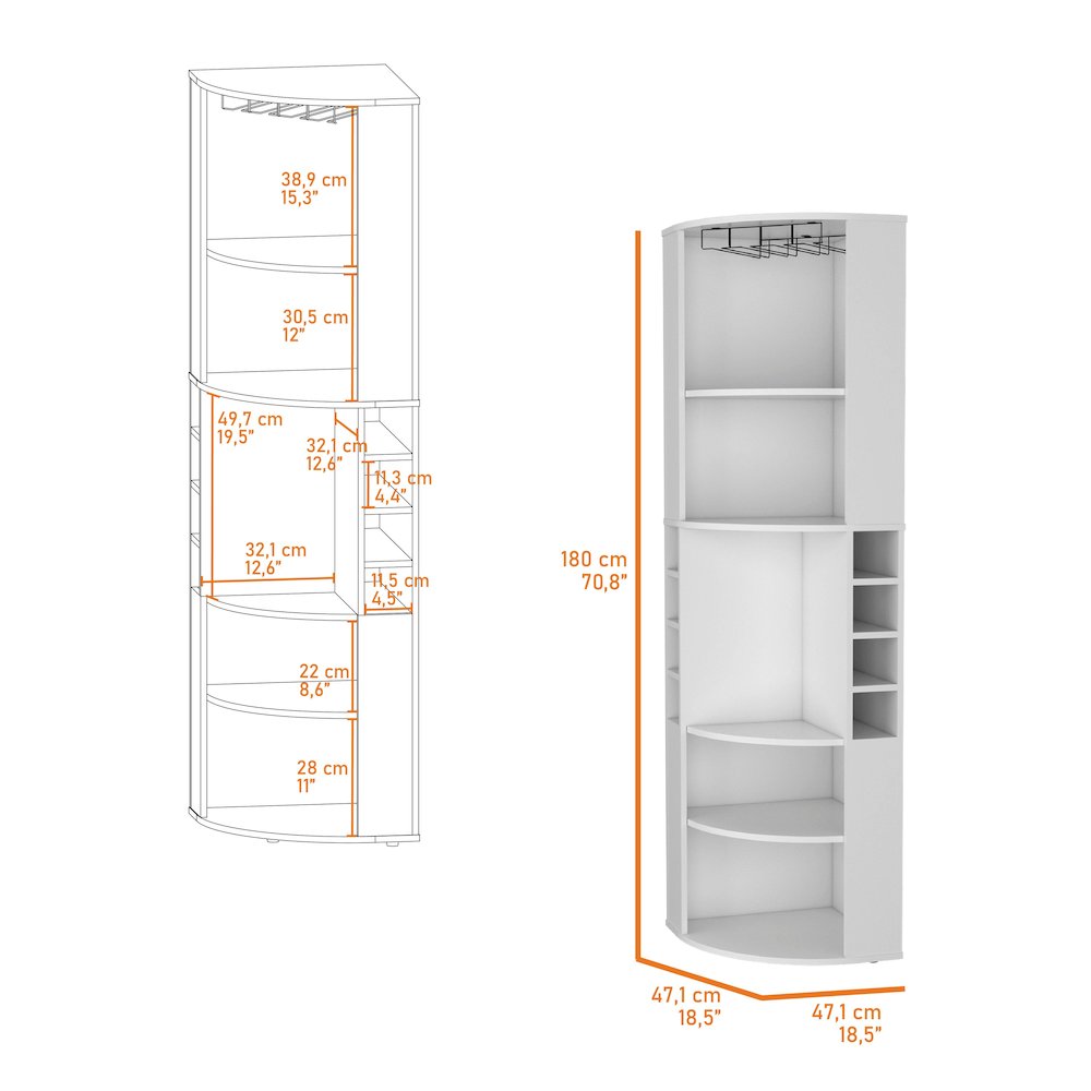 Clifton Corner Bar Cabinet, with 5 shelves,Cup Hanger, White. Picture 2