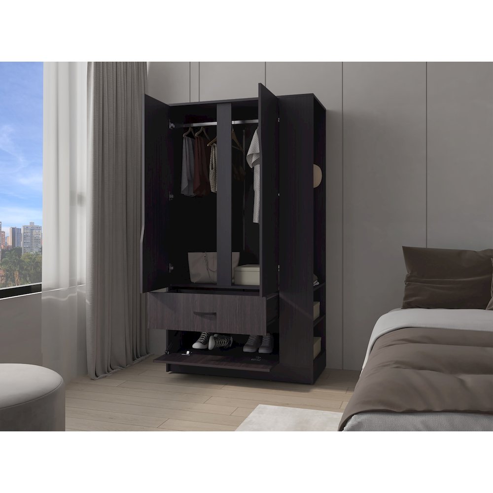 Sehili Wardrobe, 3 Doors, 1 Drawer, Side Shelves, Hanging Rods, Wenge. Picture 6