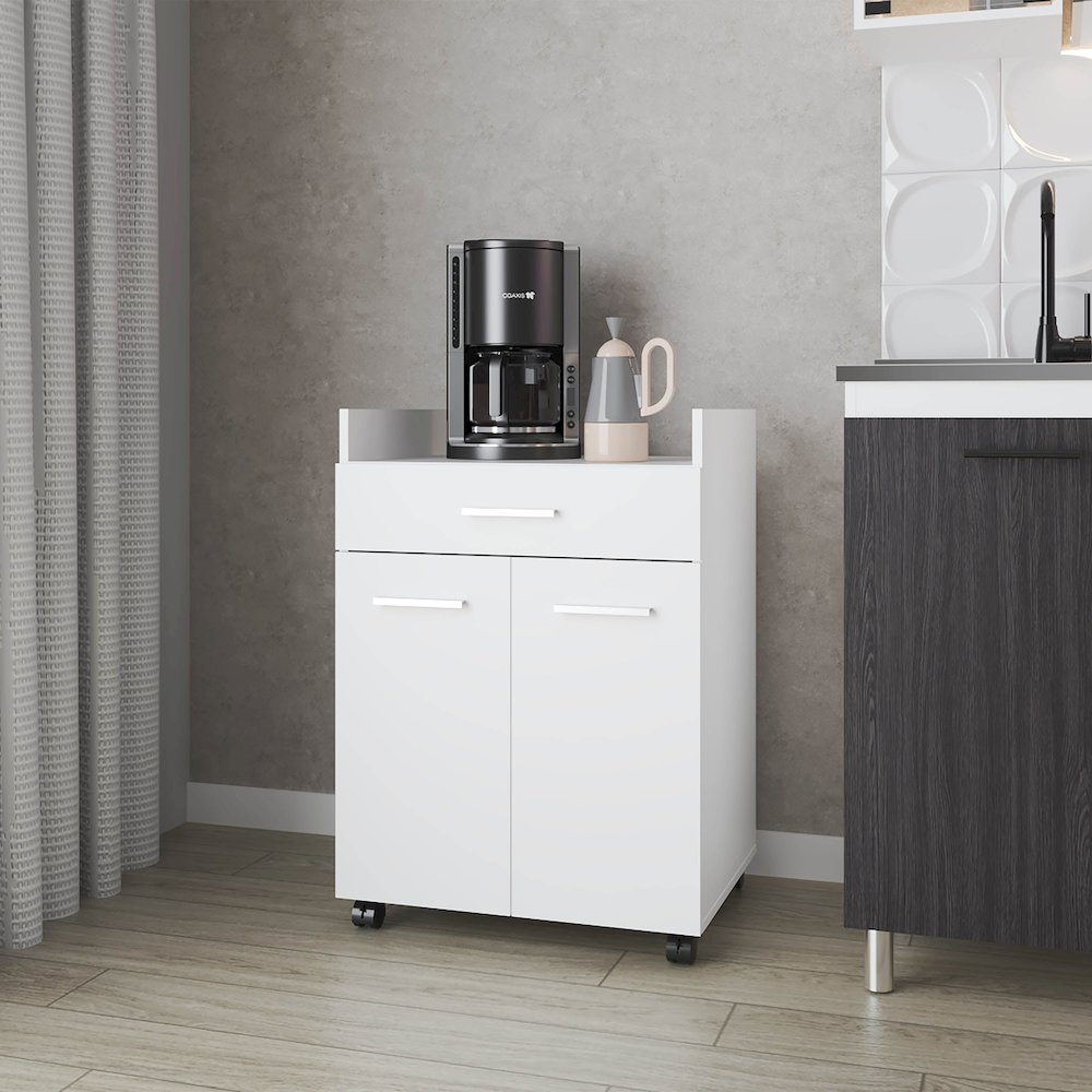 Burnside Kitchen Cart with 2 Doors and 1 Drawer, White. Picture 4