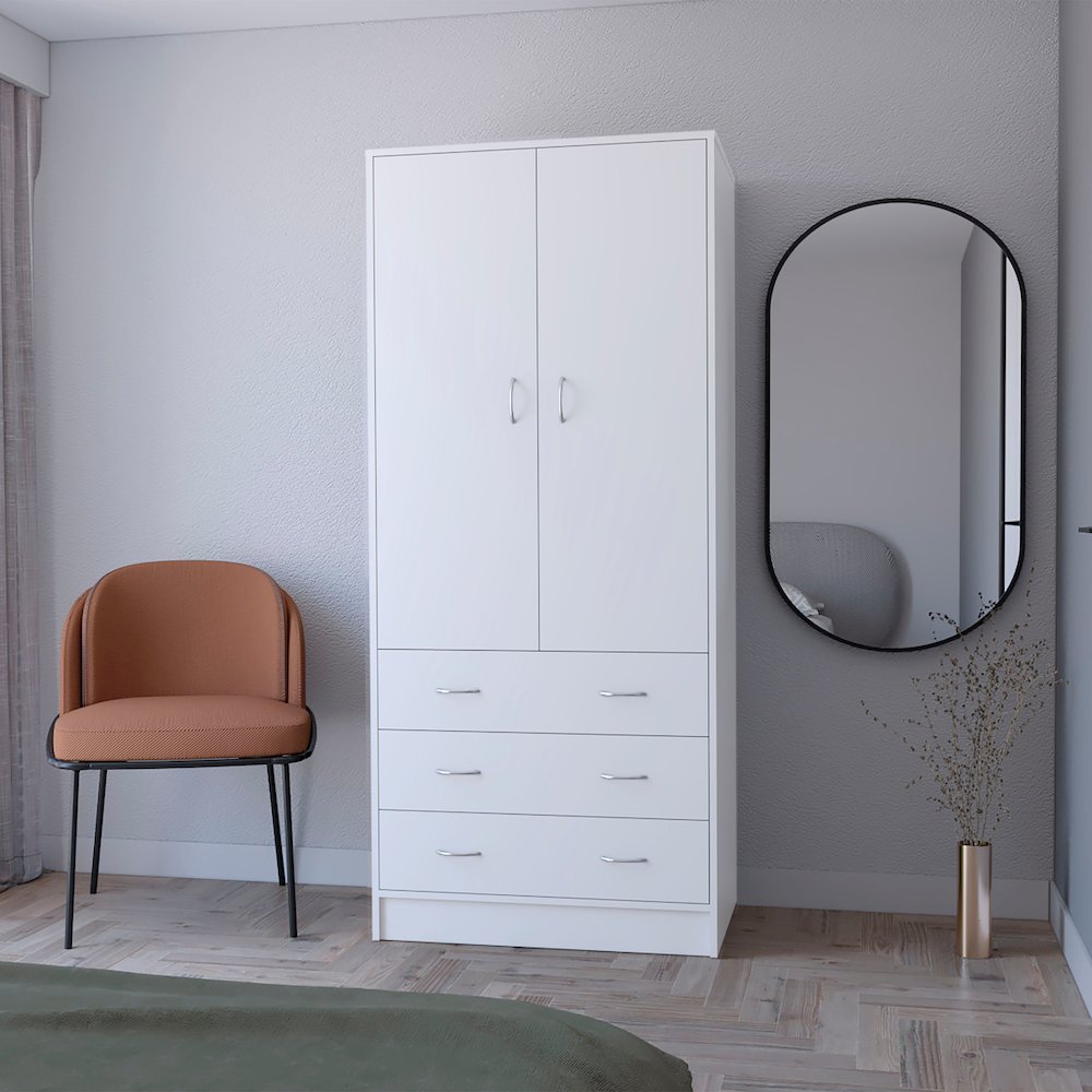 Prescott Armoire, with 2 doors, 3 drawers and 1 hanging rod, White. Picture 4