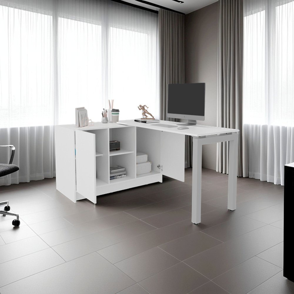 Elfrida Desk, Two Open Storage Shelves, Contemporary Space-Saving Design, White. Picture 5