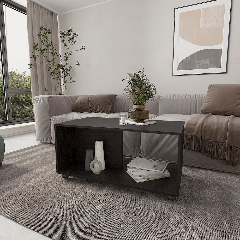 Gu Oidak Coffee Table with Open Storage and Caster Wheels, Wengue. Picture 3