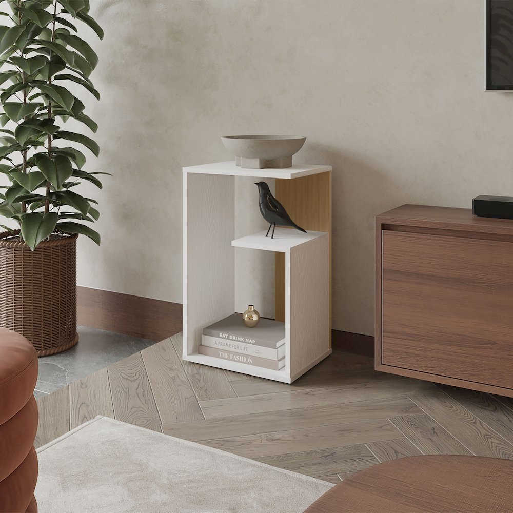 Vega Side Table in Melamine with Open Storage, White and Light Oak. Picture 4