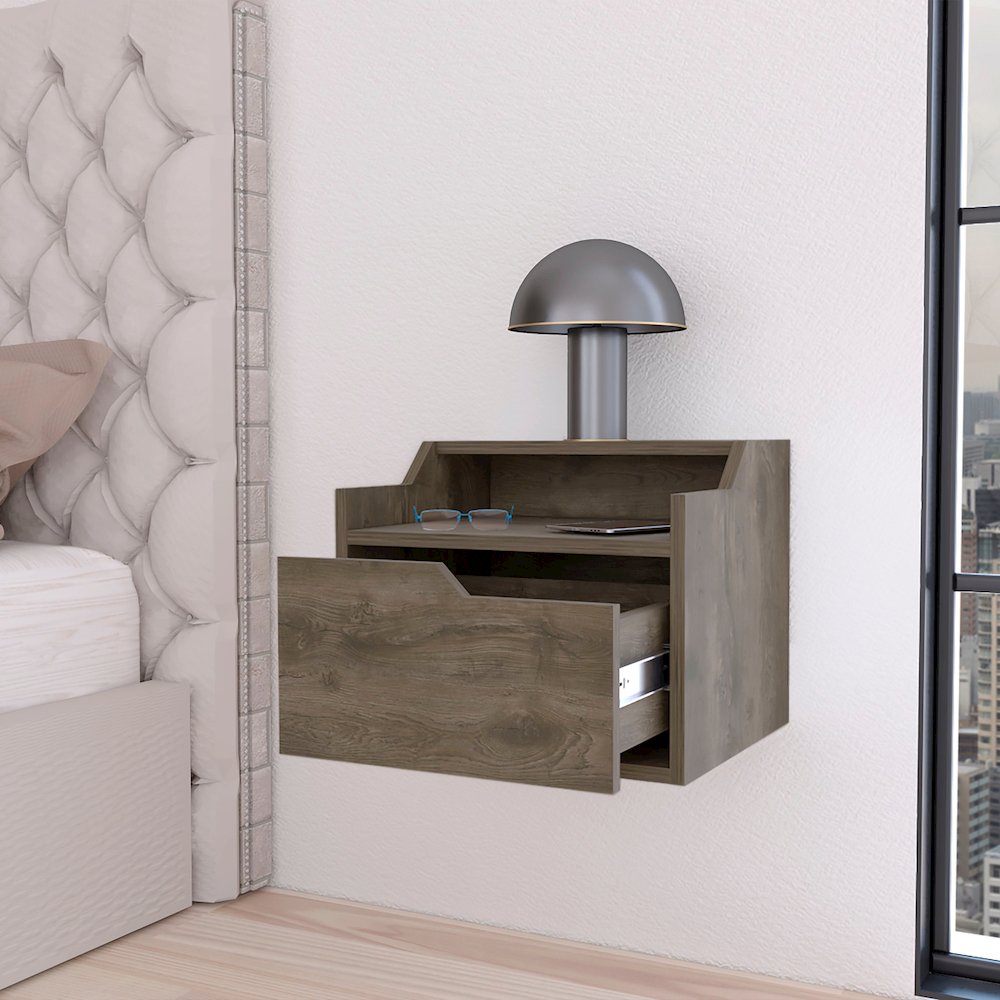 Florence Floating Nightstand with Drawer and Dual-Shelf Display, Dark Brown. Picture 3