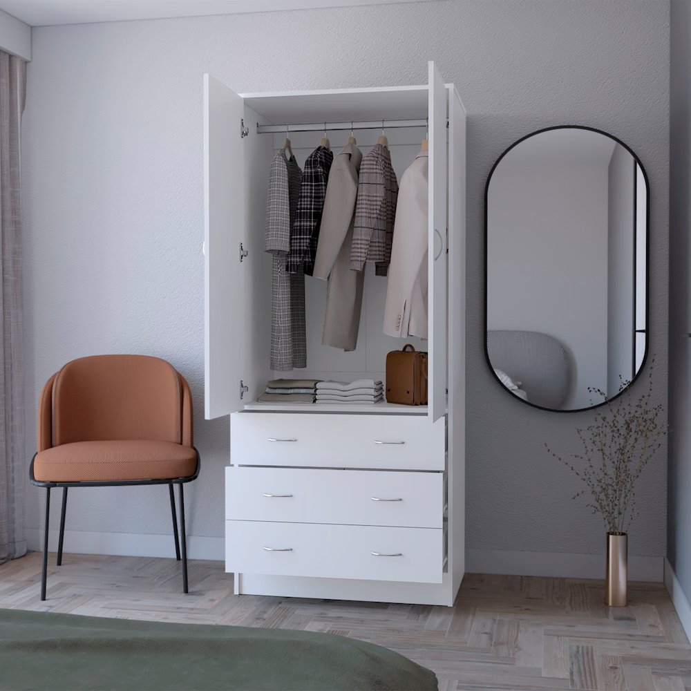 Prescott Armoire, with 2 doors, 3 drawers and 1 hanging rod, White. Picture 5