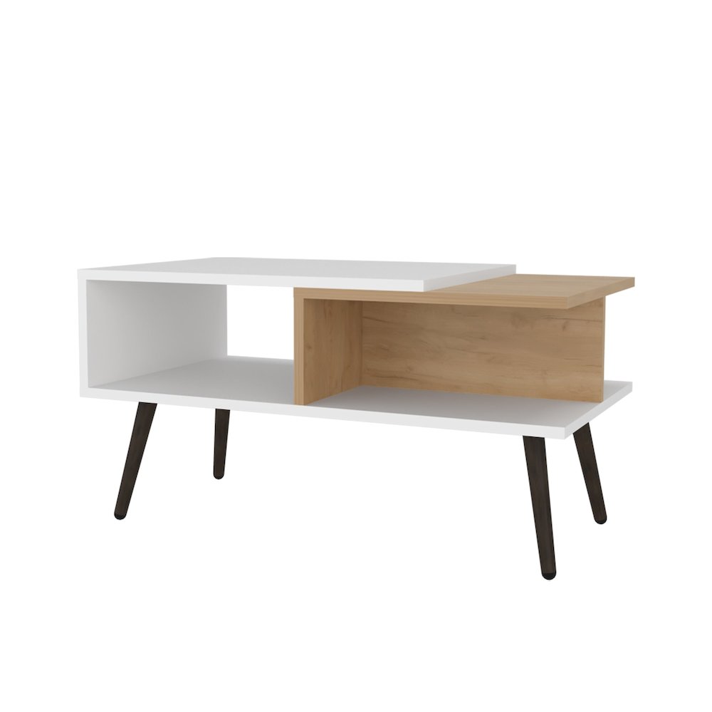 Hack Berry Coffee Table with Open Storage and Conical Legs , White + Natural Oak. Picture 5