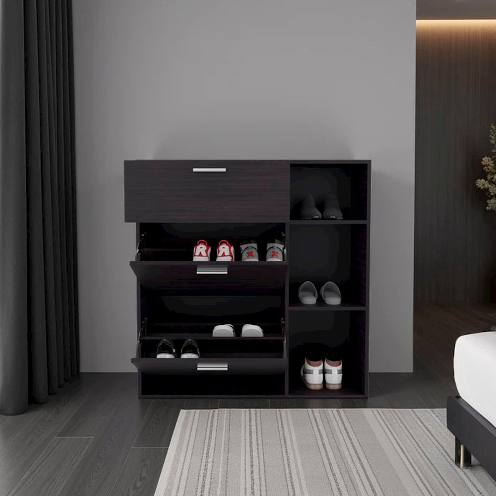 Shoe Storage Cabinet, 2 Tilt-Out Drawers, 1 Top Drawer,3 Open Side Shelves,Wenge. Picture 5