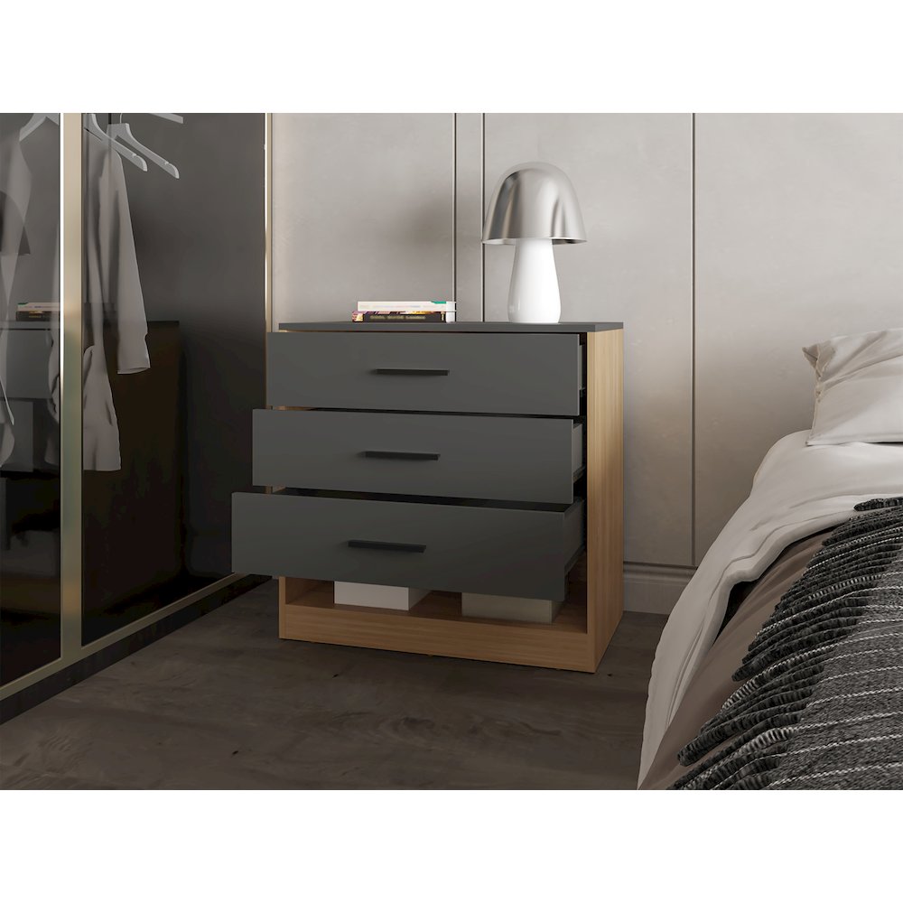 Lowrys Dresser with 3 Drawers and Open Shelf, Natural Oak and Matt Grey. Picture 3