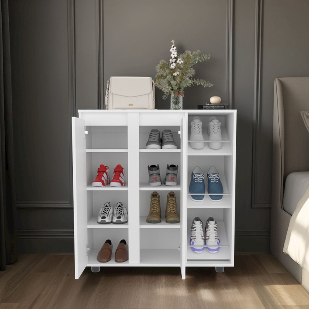 Shoe Storage Cabinet, 2 Doors, 8  Enclosed Shelves, 3 Open Side Shelves, White. Picture 5