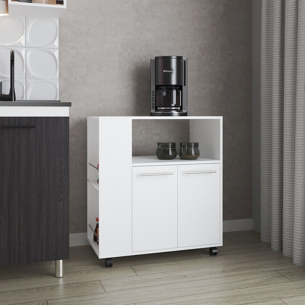 Kitchen Cart with Microwave Shelf, Open Storage, and Two-Door Cabinet, White. Picture 4