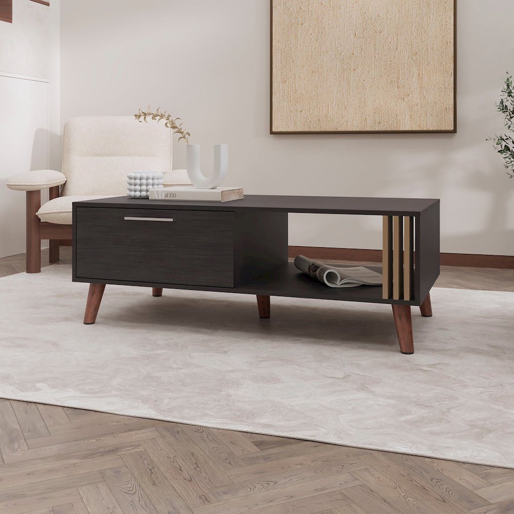 Govan Coffee Table with a Door, Conical Legs, and Open Storage, Wengue. Picture 4